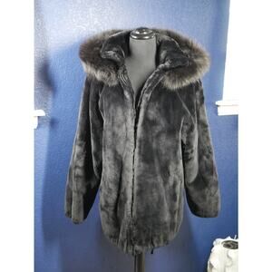 Gorgeous Black Sheared Beaver & Fox Fur Hooded Bomber Coat Jacket UNISEX